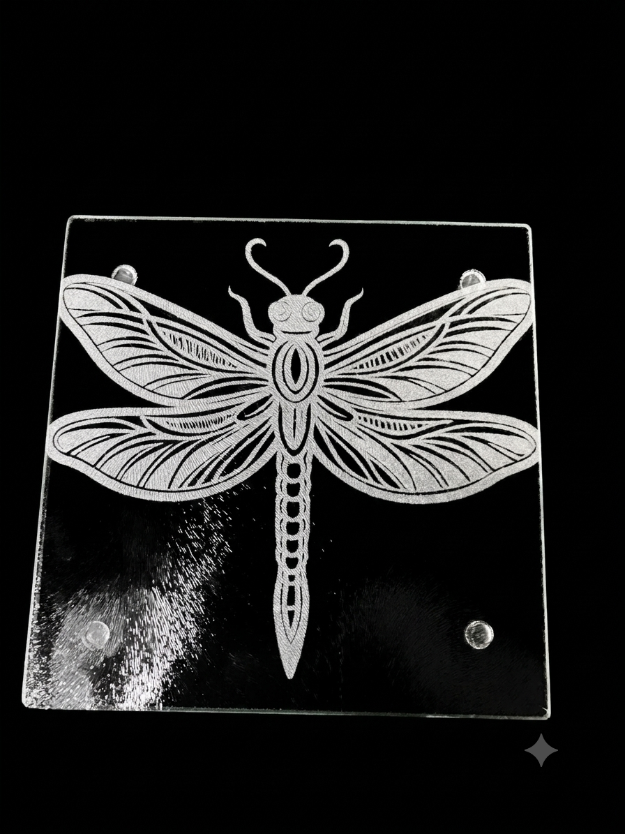 Laser etched dragonfly on glass — custom glass etching, Pensacola FL