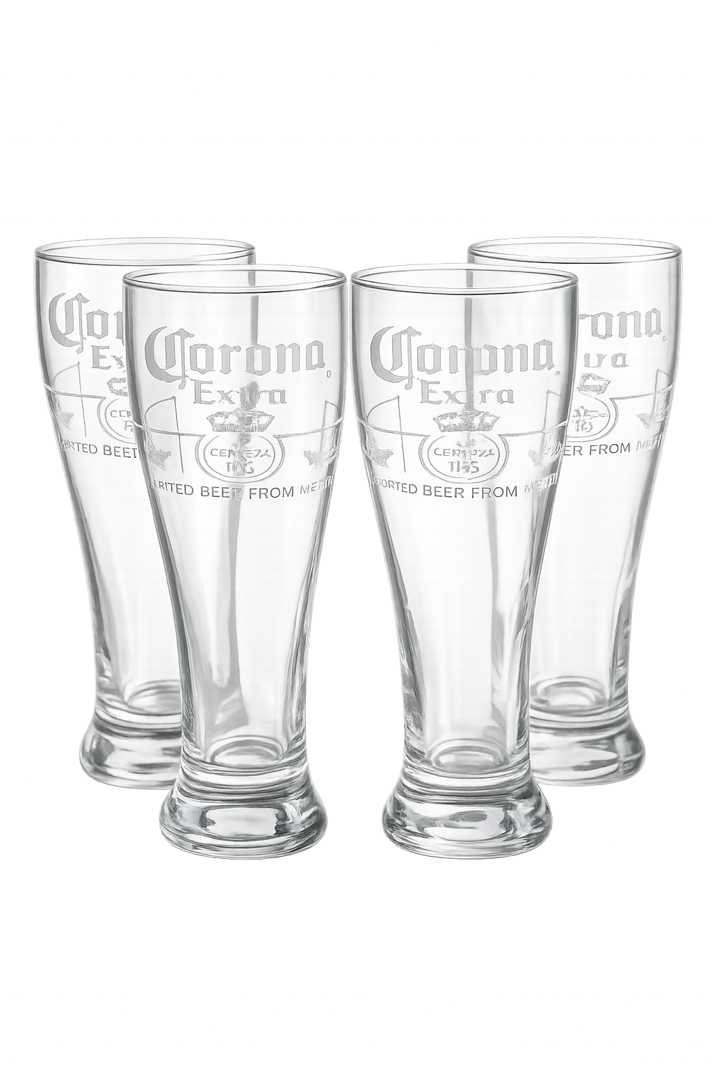Set of four Corona Extra beer glasses with laser etched logo — custom glassware engraving, Pensacola FL