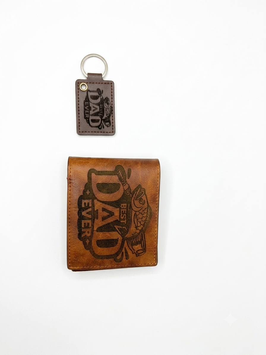 Laser engraved leather wallet and keychain — Best Dad Ever fishing design, custom leather gift
