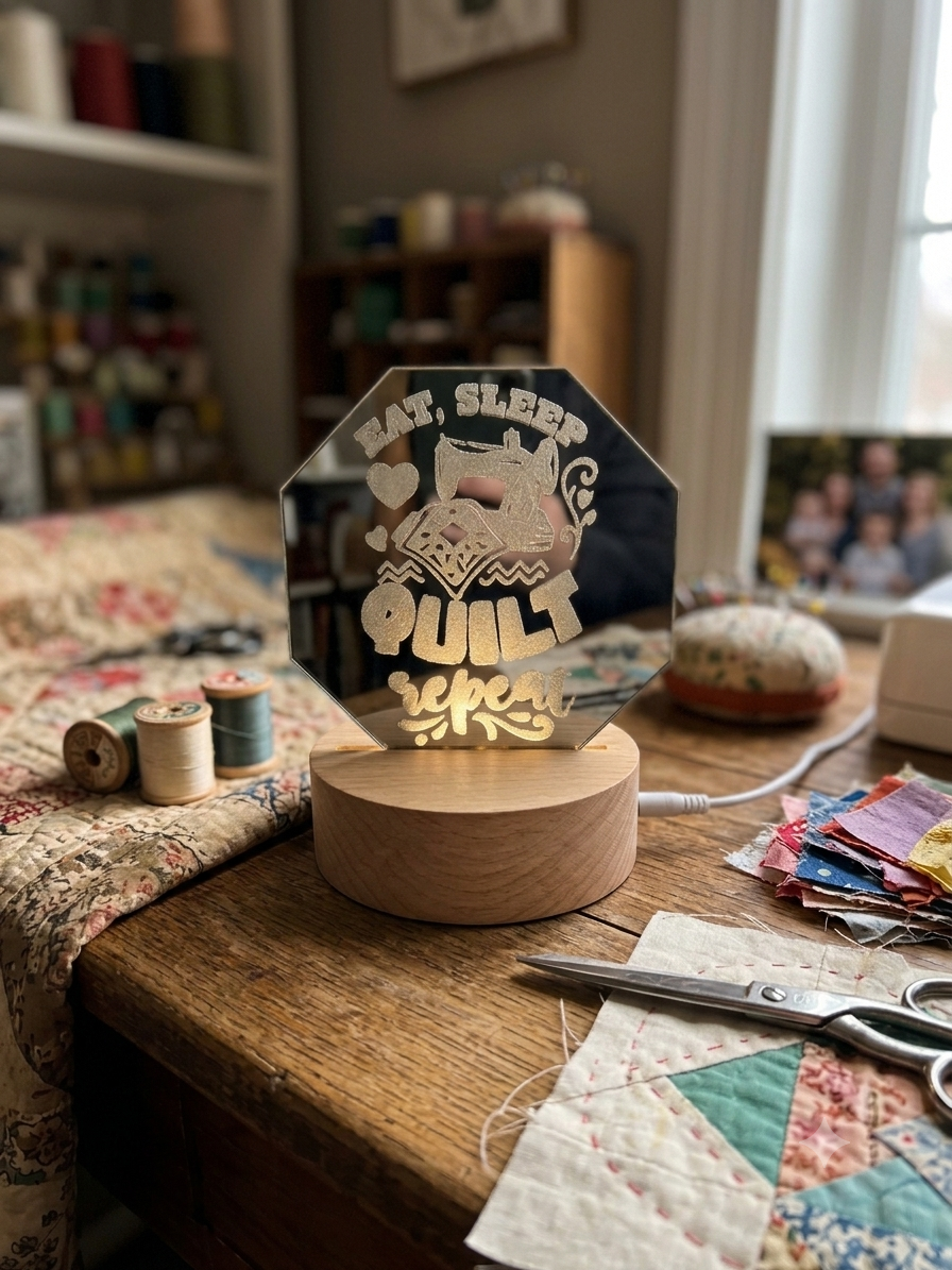 LED acrylic mirror — Eat Sleep Quilt Repeat illuminated laser engraved sign for quilters