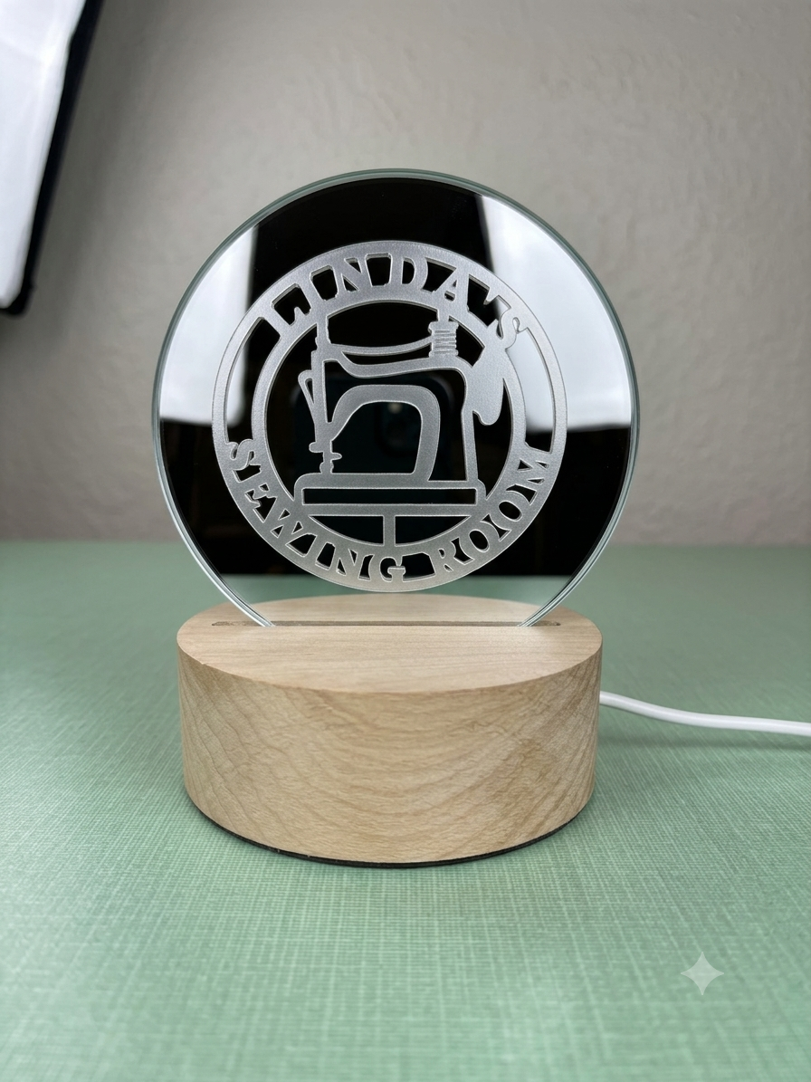 LED acrylic mirror — Linda's Sewing Room illuminated laser engraved sign