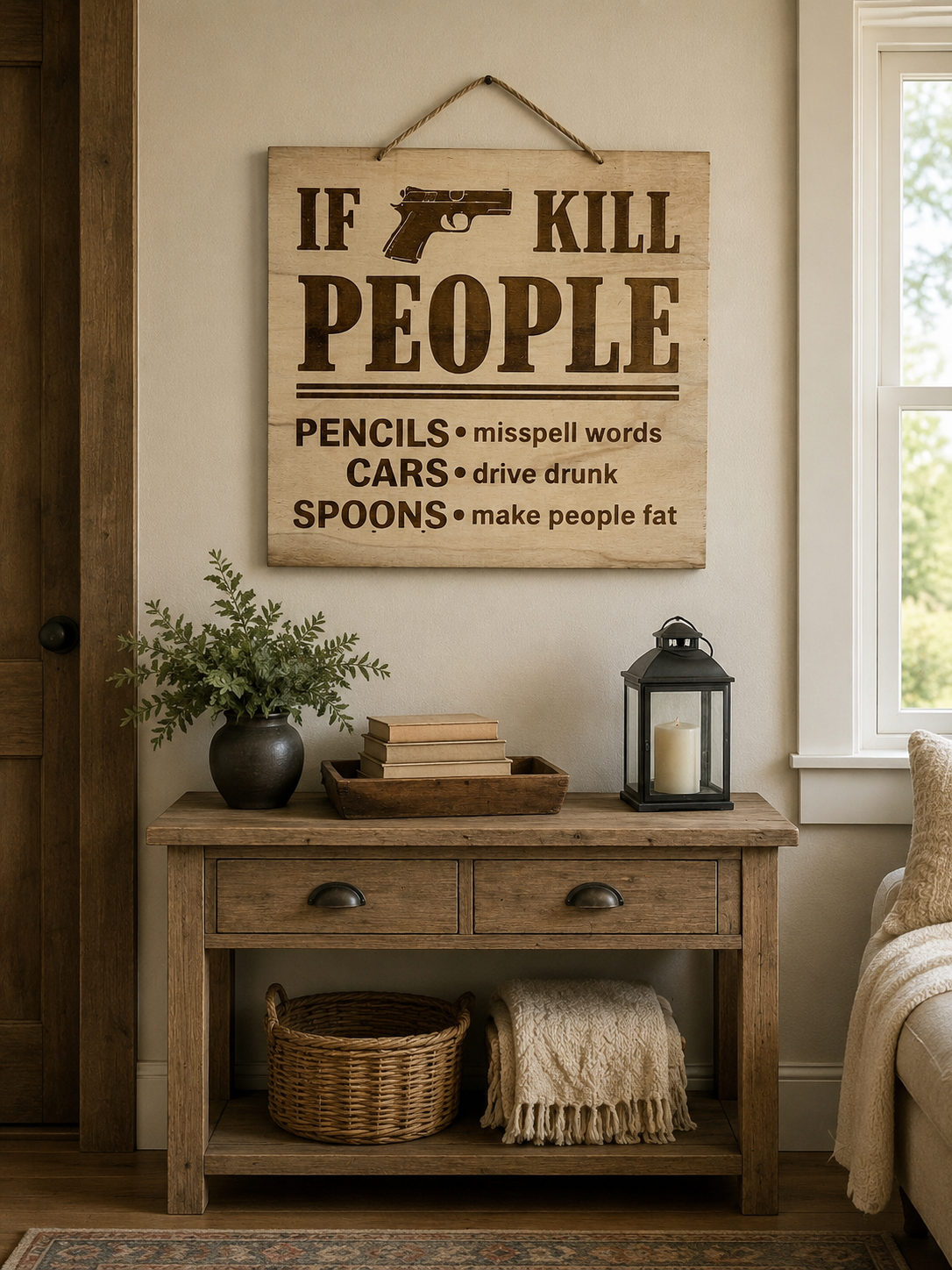 Laser engraved wood sign — If Guns Kill People humorous Second Amendment design