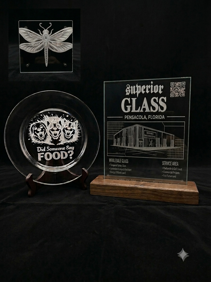 Precision glass etching with detailed custom design — decorative mirror laser engraving