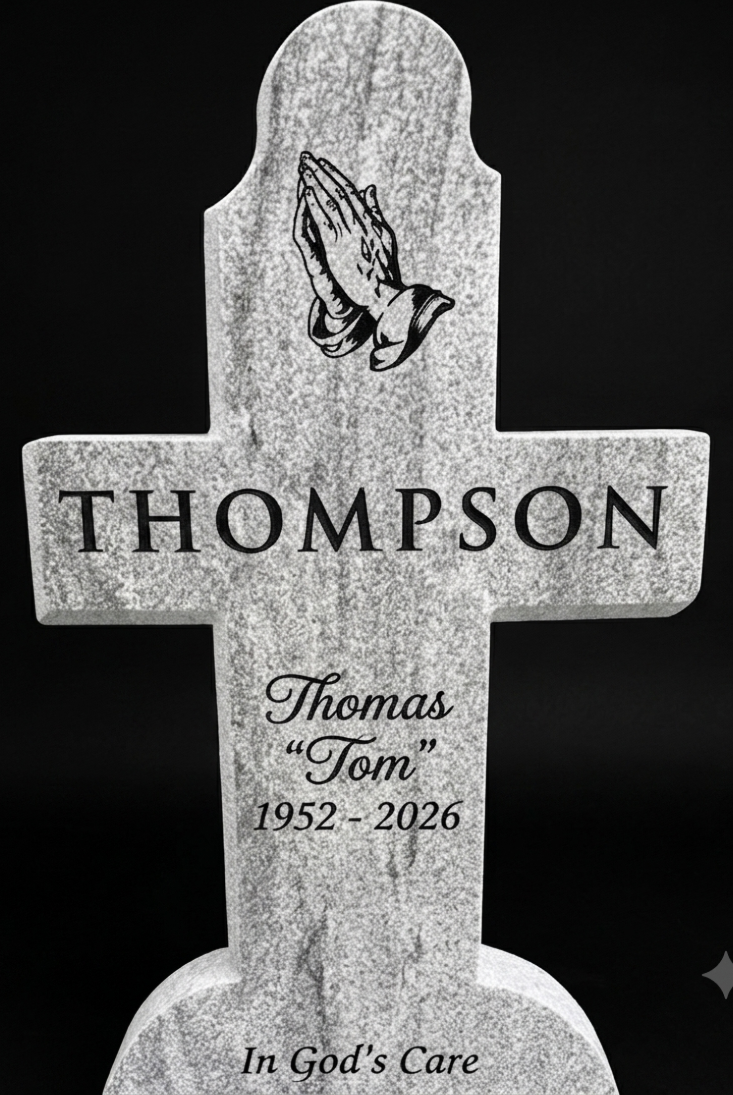 Large-format granite monument engraving with custom portrait and inscription